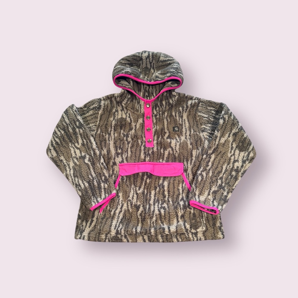Girls Carhartt Fleece Camo Pink Lined Button Hoodie Size Medium (10)